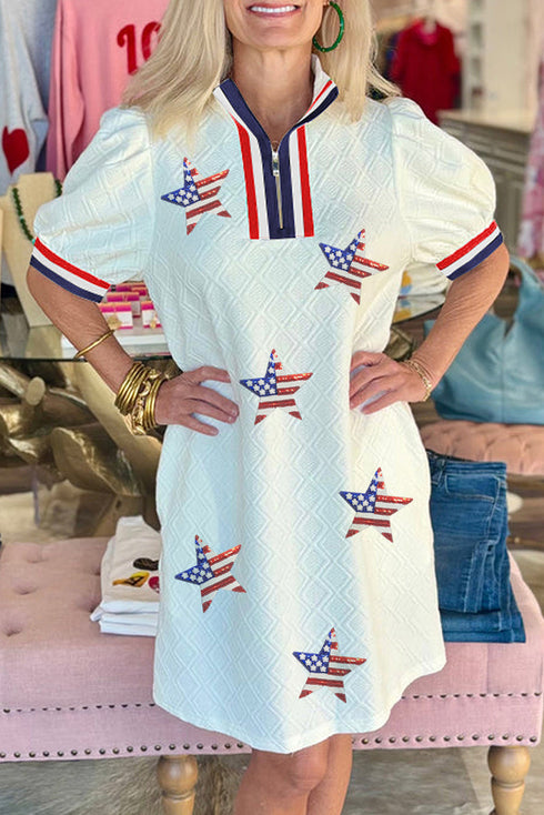 Patriotic Flag Sequin Star Applique Textured Zip Neck Polo Dress